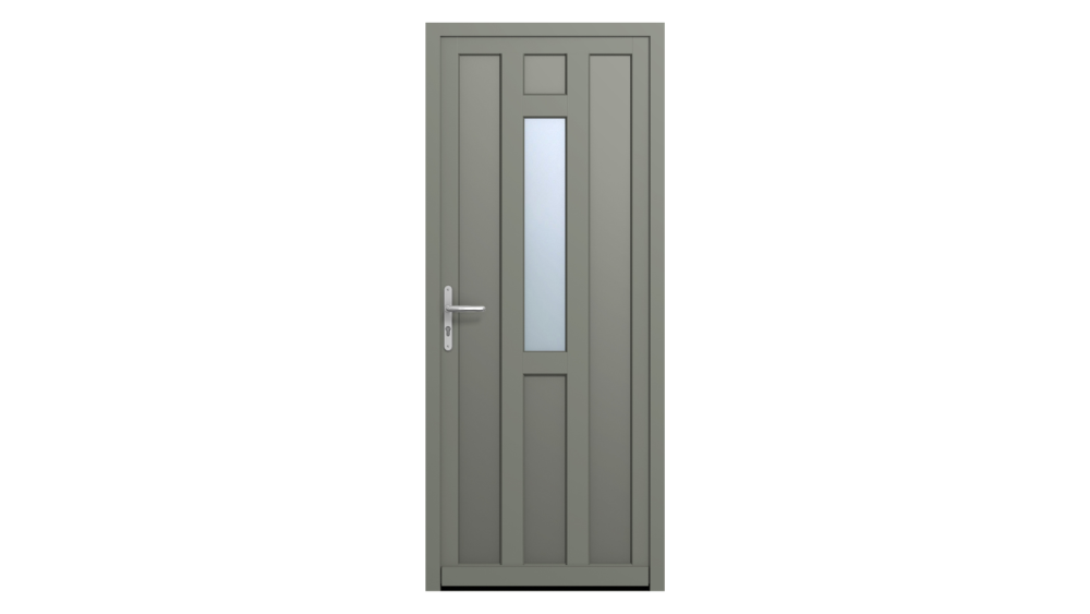 Porte d'entrée bois THIERS 1 Porte d'entrée grise avec découpes asymétrique et partie vitrée